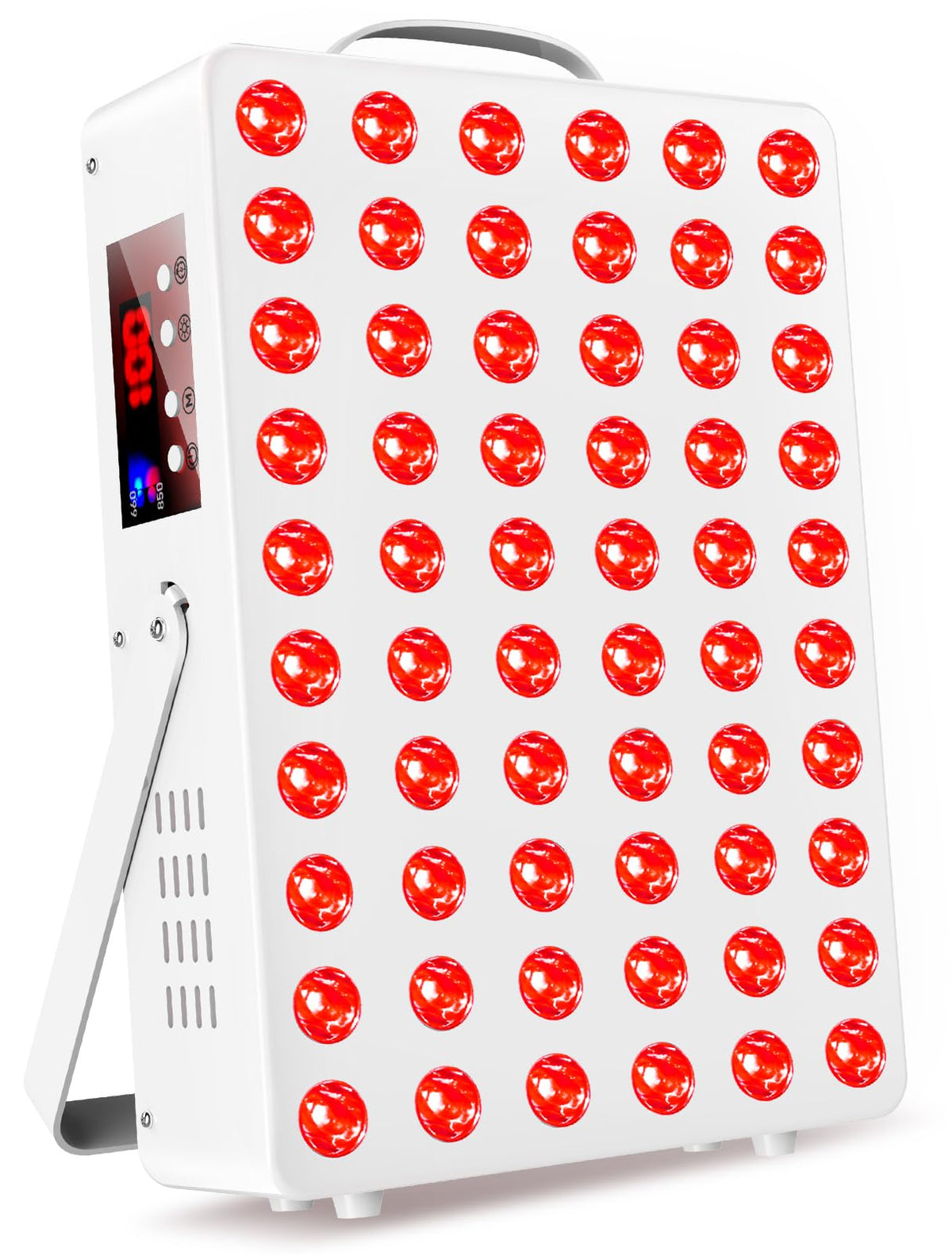 Cholas red light panel on face with 660nm/850nm LEDs for skin vitality.