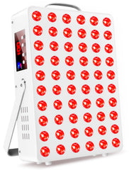 Cholas red light panel on face with 660nm/850nm LEDs for skin vitality.