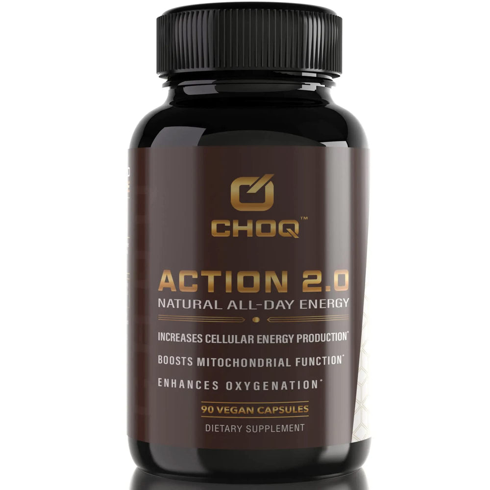 CHOQ Action 2.0 bottle front for sustained energy and improved circulation.