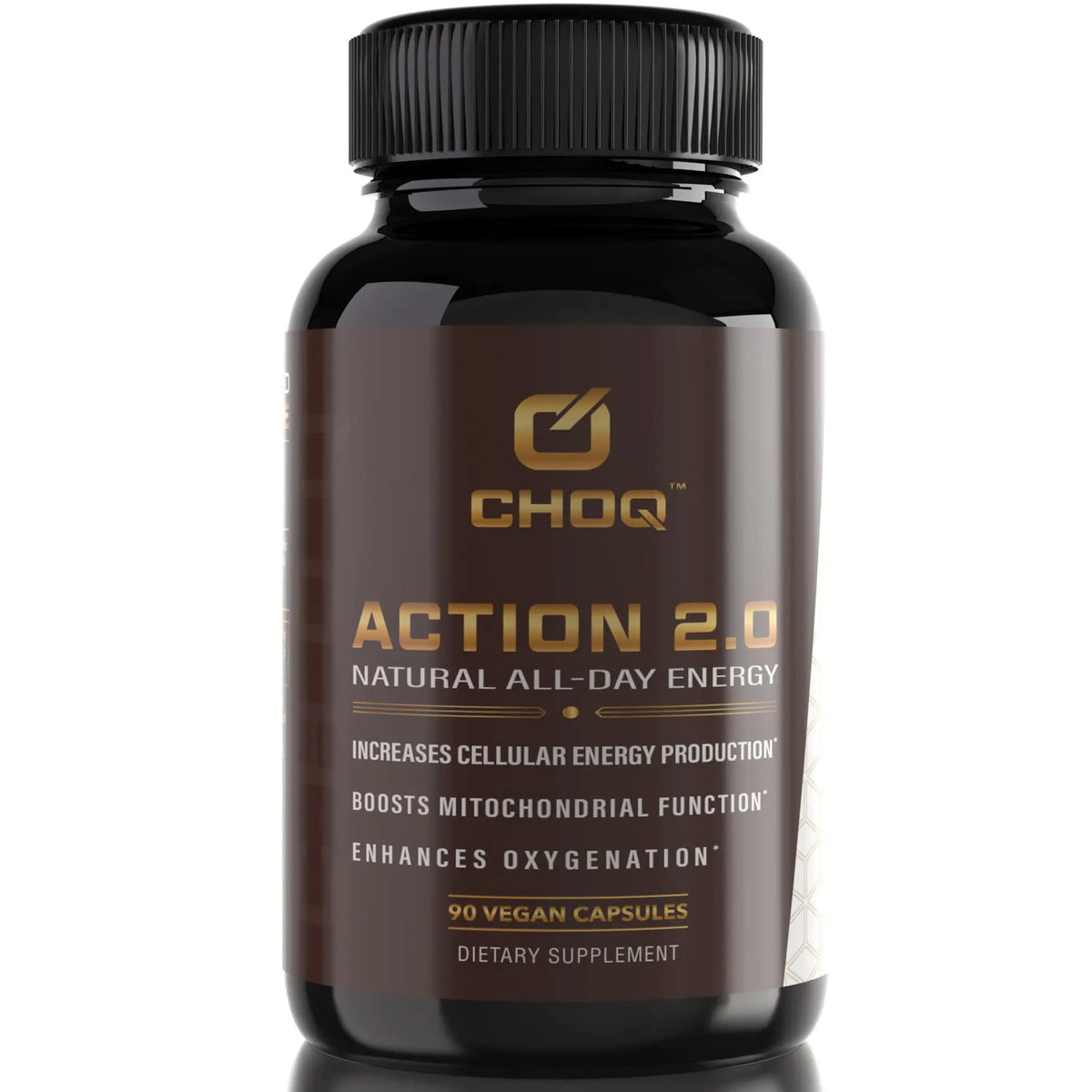 CHOQ Action 2.0 bottle front for sustained energy and improved circulation.