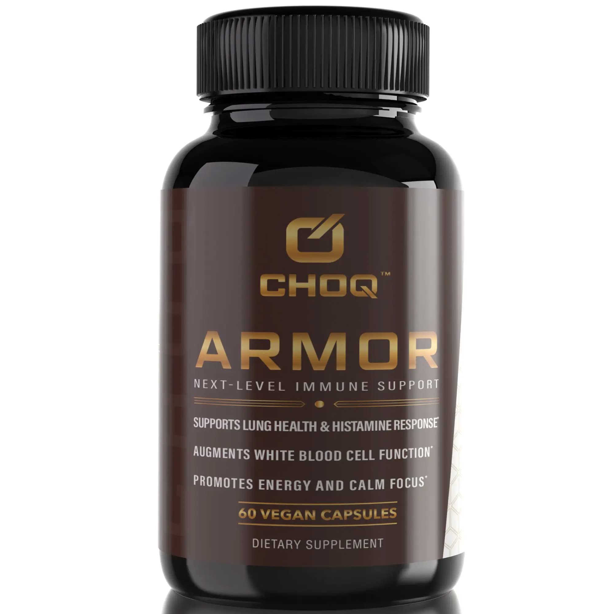 CHOQ Armor bottle front view with vegan capsules for immune support