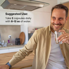 CHOQ Armor packaging on countertop with water for daily use