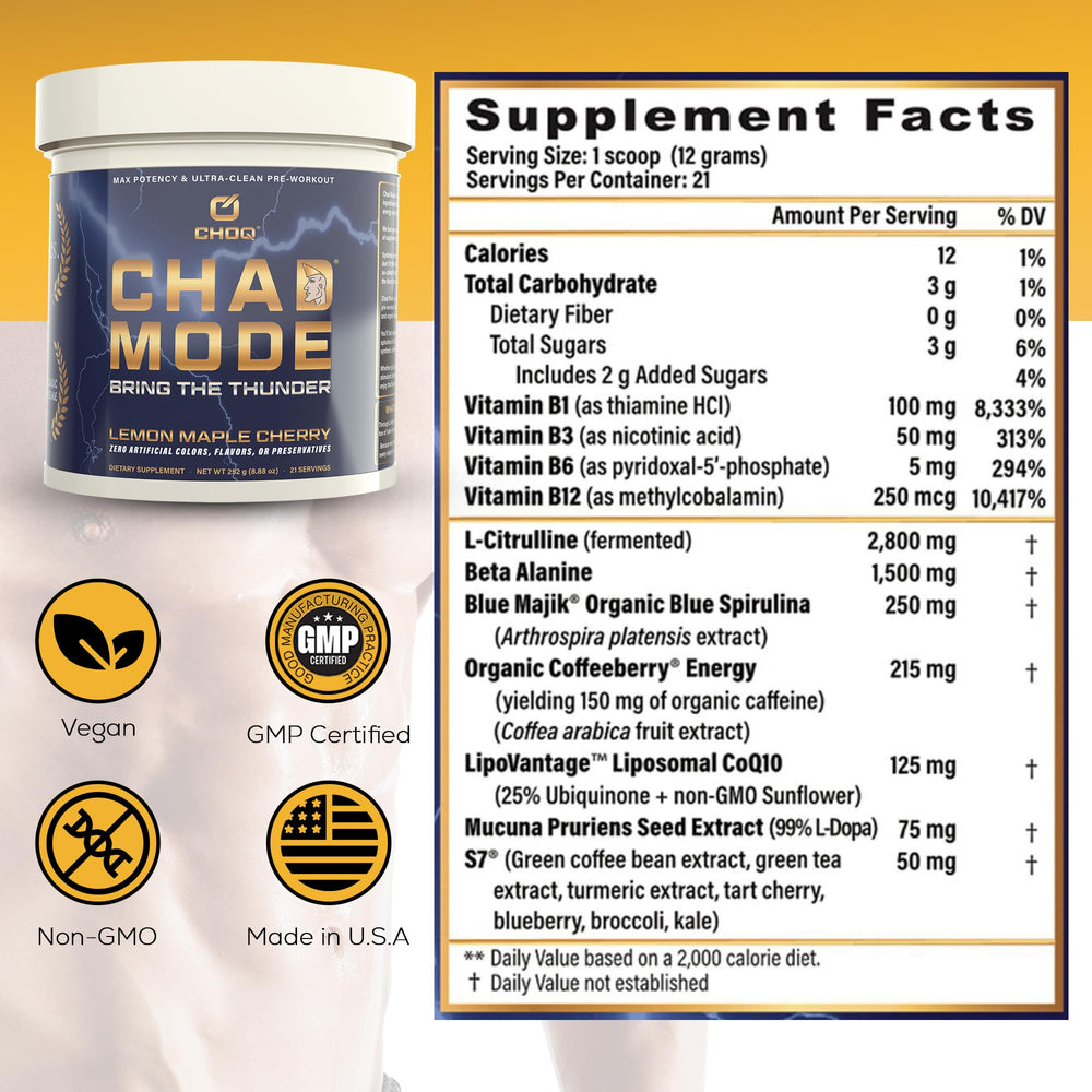 CHOQ Chad Mode dry scoop setup implies quick, convenient pre-workout ritual.