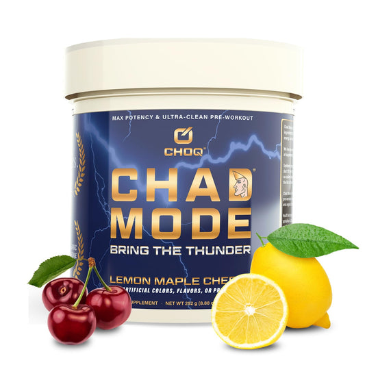 CHOQ Chad Mode tub label with clean, premium pre-workout packaging.
