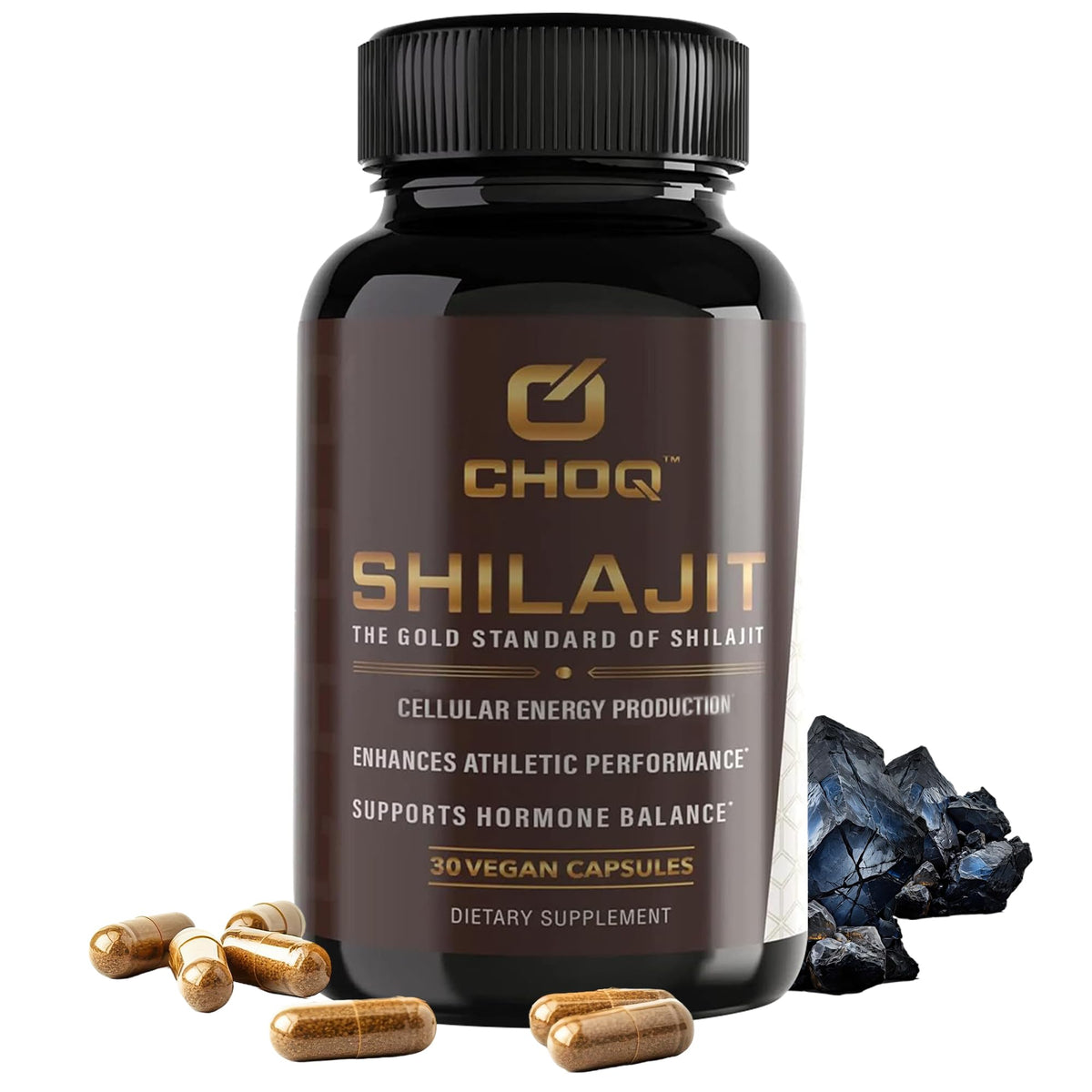CHOQ Shilajit bottle front view highlighting premium vegan capsules for daily energy.