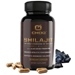 CHOQ Shilajit bottle front view highlighting premium vegan capsules for daily energy.