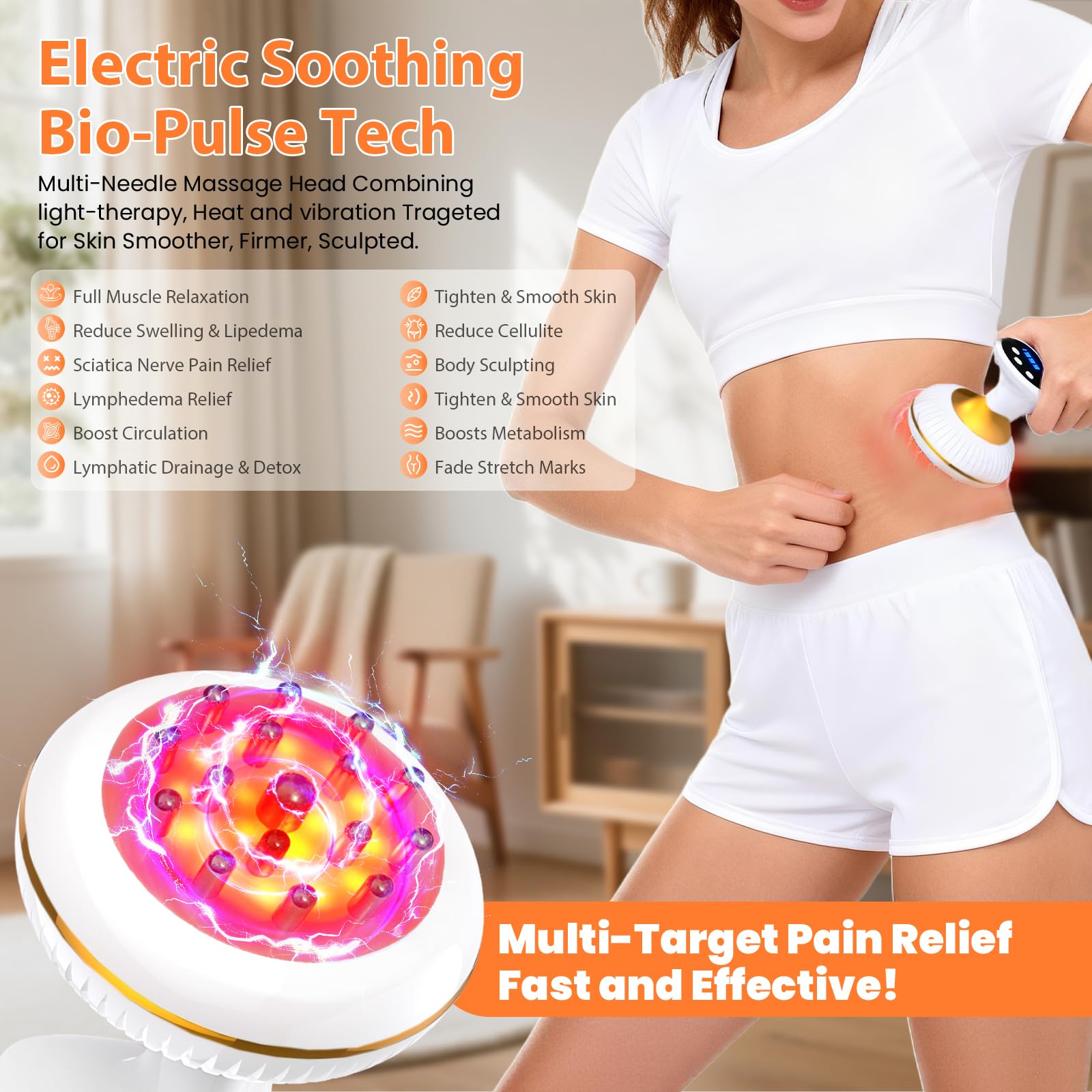 Choufaly cellulite tool on thigh in use for deeper tissue massage.