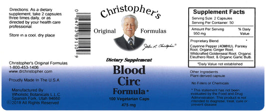 Christopher's Original Blood Circ Formula capsules showcasing easy daily supplement for vascular vitality.
