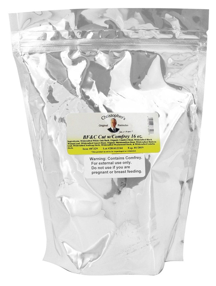 Close up of Christopher's Original Formulas BF&C Cut with Comfrey label for everyday skin support.