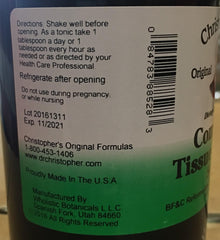 Close-up label of Christopher's Complete Tissue and Bone Syrup highlighting traditional herbal blend