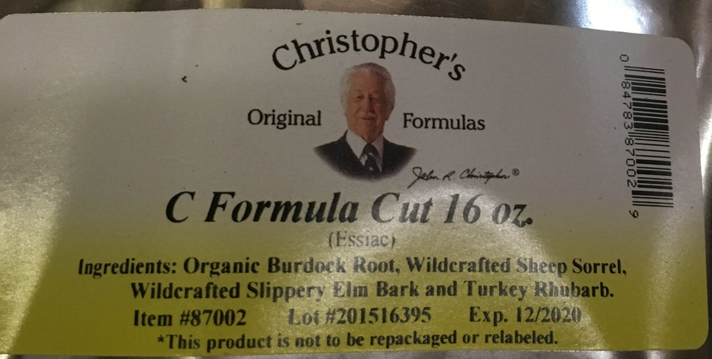 Essiac-C bottle label showing time-tested herbal blend for immune support