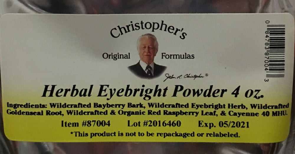 Christopher's Original Formulas Eyebright powder packaging label highlighting herbal eye support