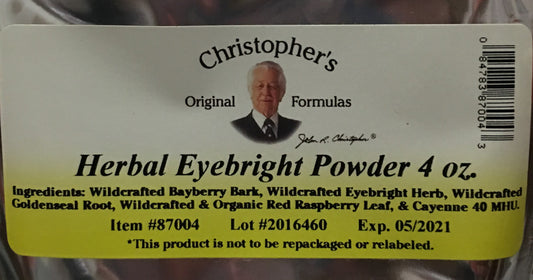 Christopher's Original Formulas Eyebright powder packaging label highlighting herbal eye support
