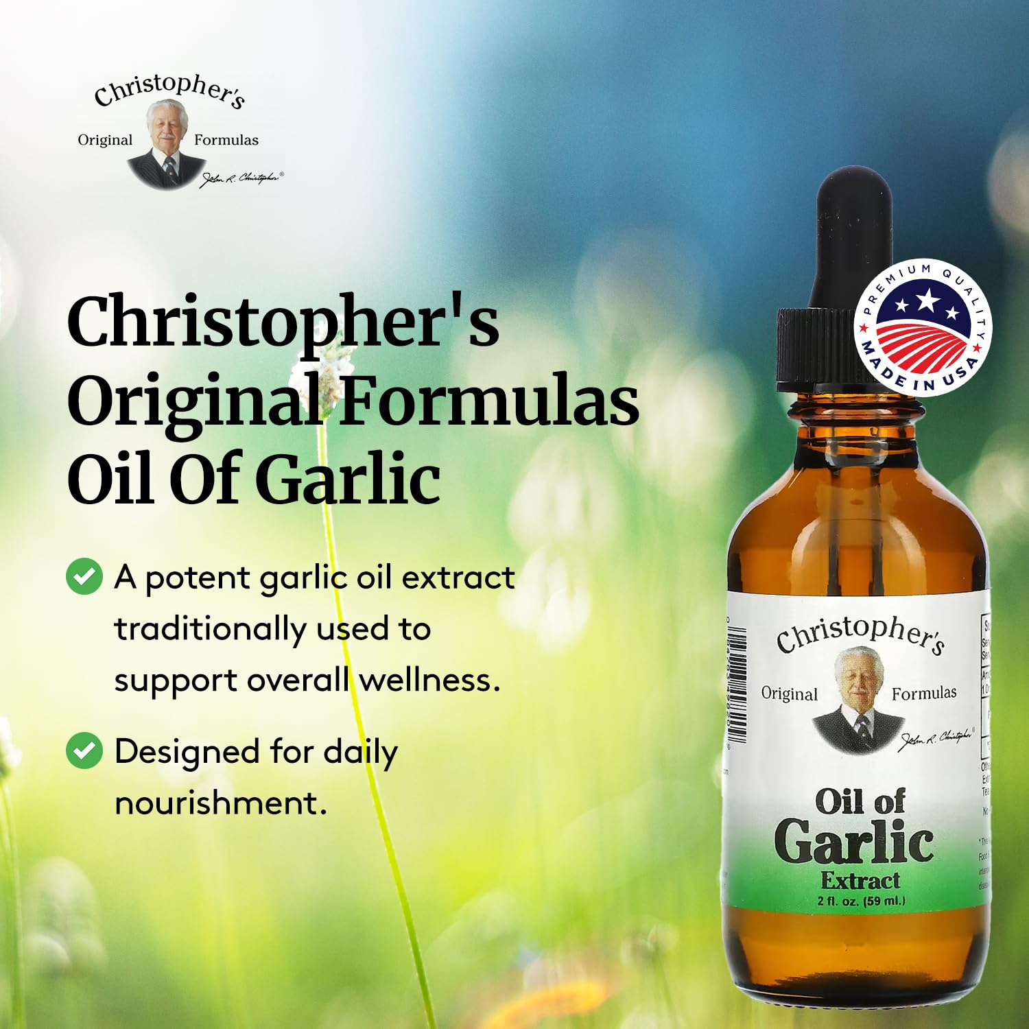 Christopher's Original Formulas garlic oil bottle suitable for versatile external skin use.