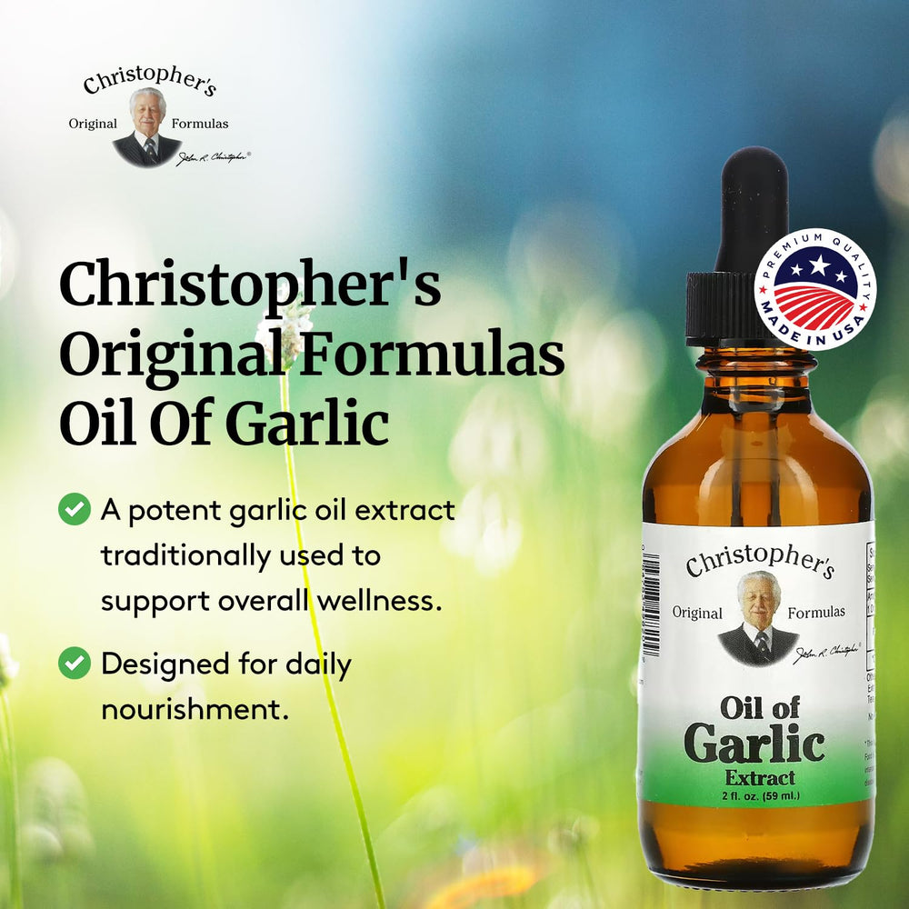 Christopher's Original Formulas garlic oil bottle suitable for versatile external skin use.