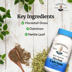 Christopher's Original Formulas Herbal Calcium ingredients close-up shows Horsetail, Oat Straw, Nettle, Lobelia for natural calcium