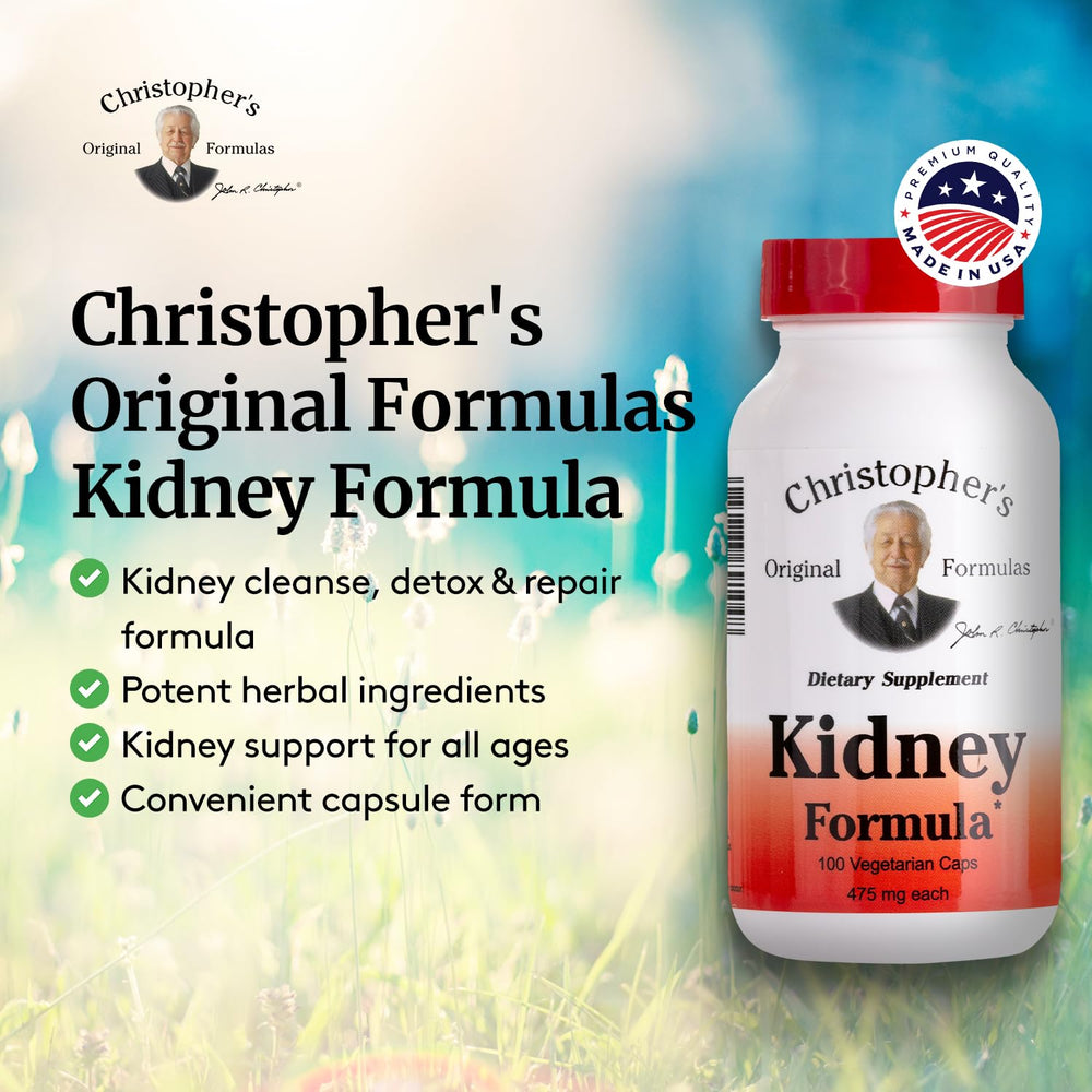 Christopher's Original Formulas Kidney Formula key herbs displayed for natural support.