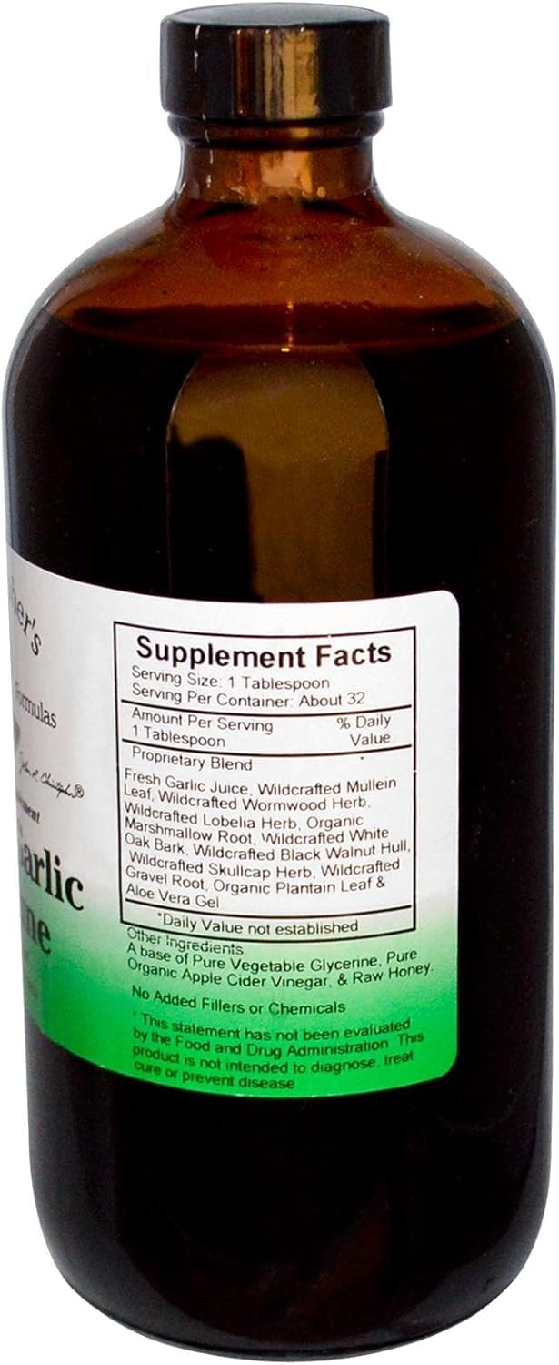 Christopher's Original Formulas Super Garlic Immune Syrup bottle side, no fillers or artificial ingredients.