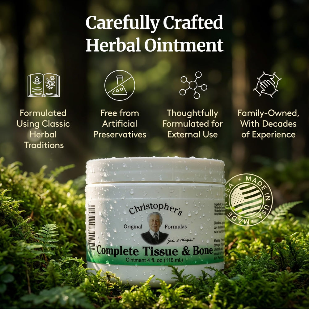 Christopher's Original Formulas herbal blend close-up featuring comfrey, mullein, wormwood.