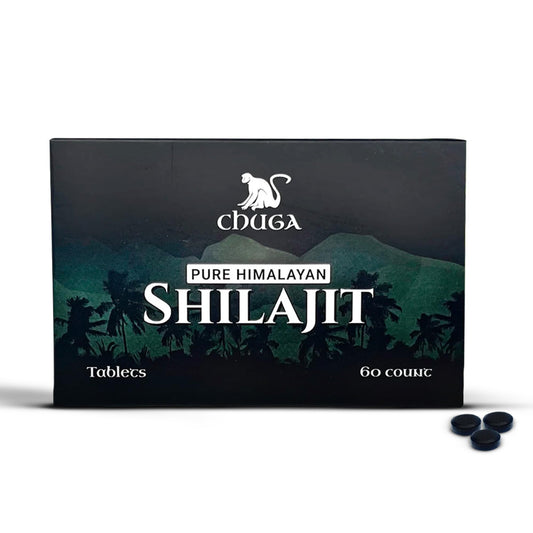 Chuga Shilajit tablets Himalayan origin close-up showing mineral-rich formulation for daily vitality.