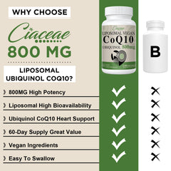 Ciaceae CoQ10 800mg label closeup highlighting vegan ingredients.