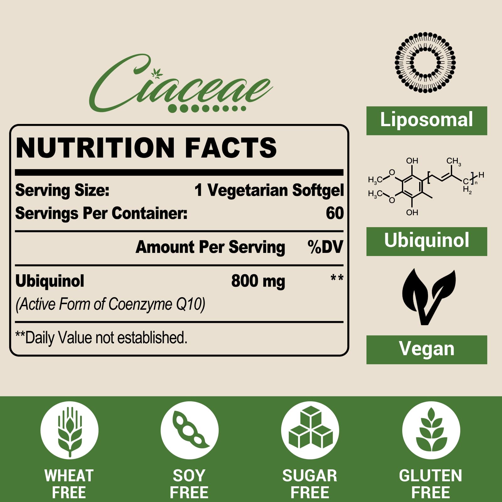 Ciaceae Liposomal CoQ10 800mg softgel pour showcases easy daily dosing