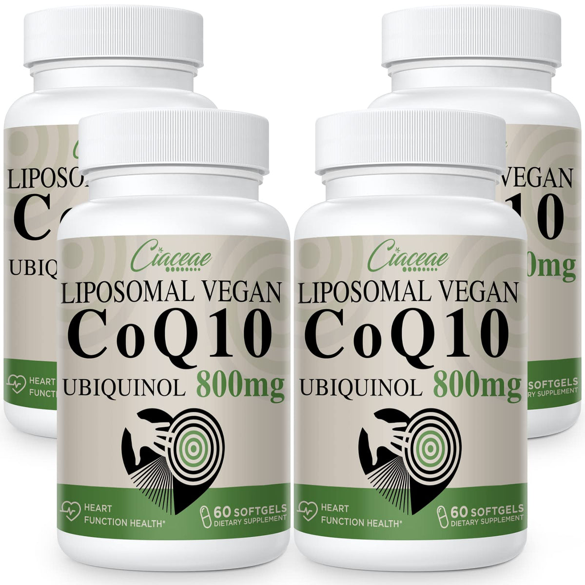 Ciaceae Liposomal CoQ10 800mg softgels front view highlighting potency and vegan formula.
