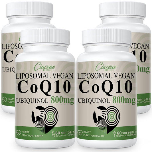 Ciaceae Liposomal CoQ10 800mg softgels front view highlighting potency and vegan formula.