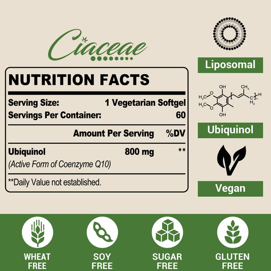 Ciaceae Liposomal CoQ10 800mg softgels on label showing ubiquinol form for better absorption.