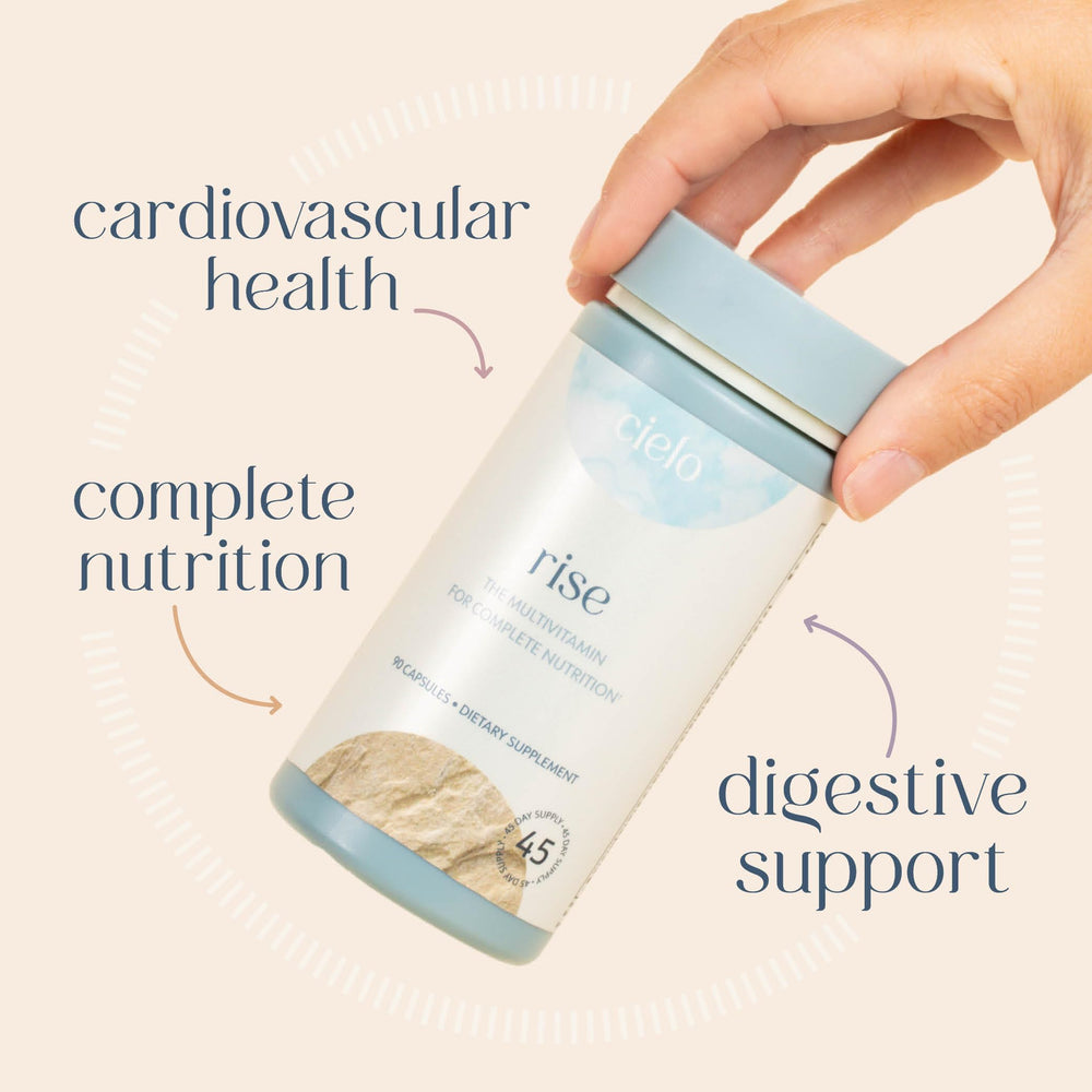 Cielo Rise label close-up highlights vitamins and magnesium blend