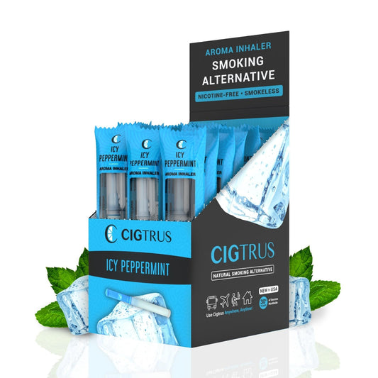 Cigtrus Quit Smoking Inhaler case showcasing icy peppermint flavor for on-the-go relief.