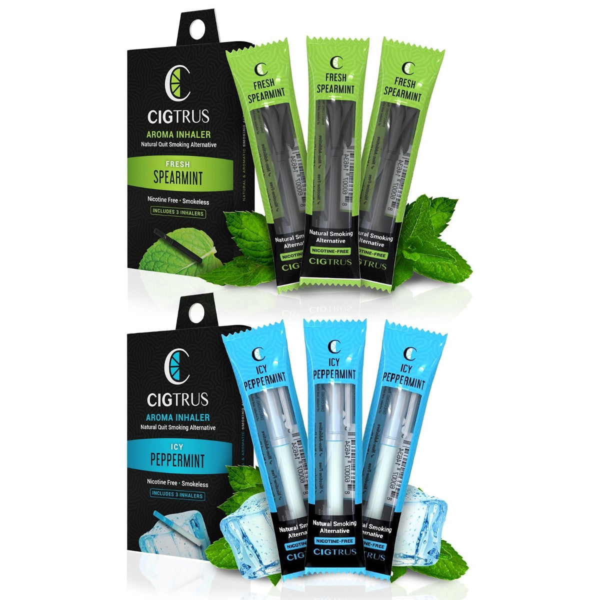 Cigtrus quit-smoking inhaler with spearmint pack offers nicotine-free craving relief.