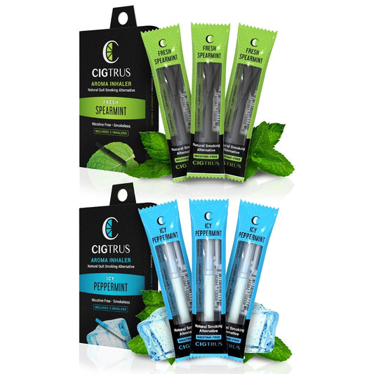 Cigtrus quit-smoking inhaler with spearmint pack offers nicotine-free craving relief.