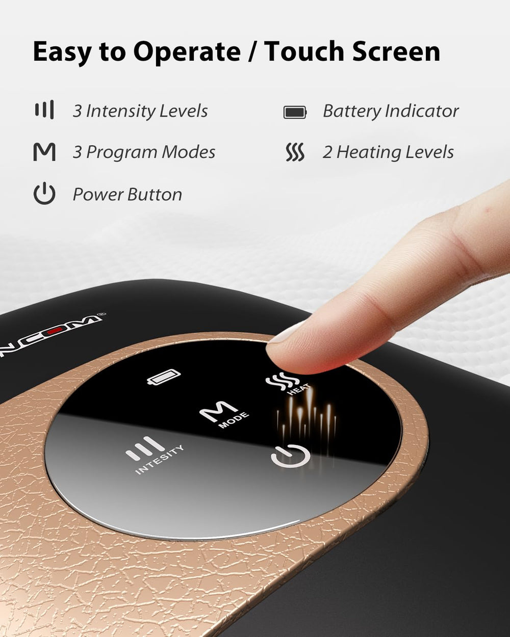 CINCOM Hand Massager battery detail shows long-lasting power for extended sessions
