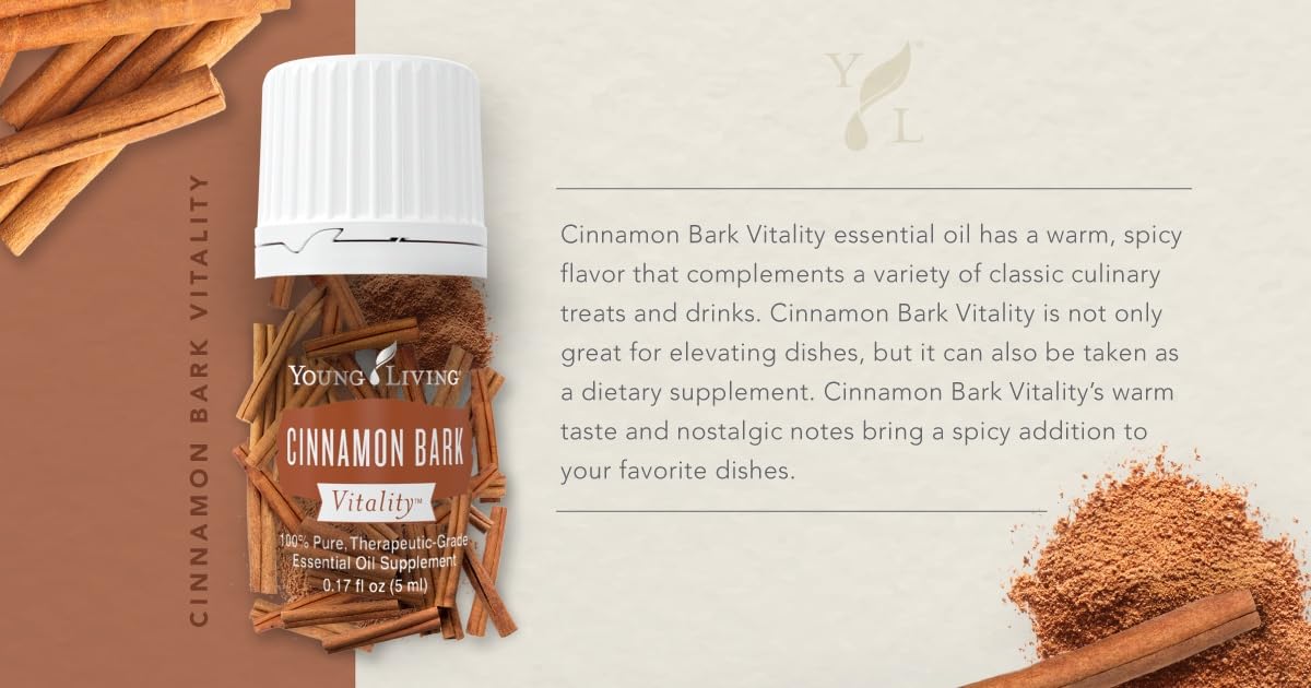 Close-up of Cinnamon Bark Vitality label on premium oil bottle.
