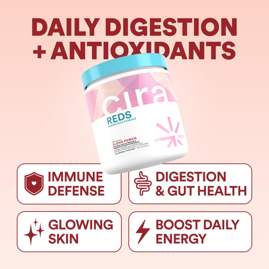 Cira Glow-Getter Reds powder scoop showing quick, easy daily mixing.