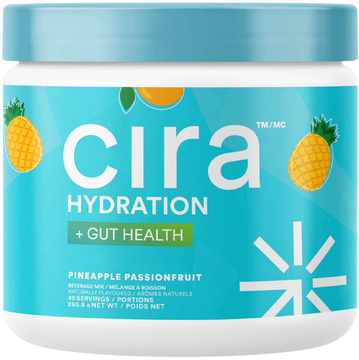 Cira Hydration Gut Health powder tub label illustrating daily refreshment and gut support.