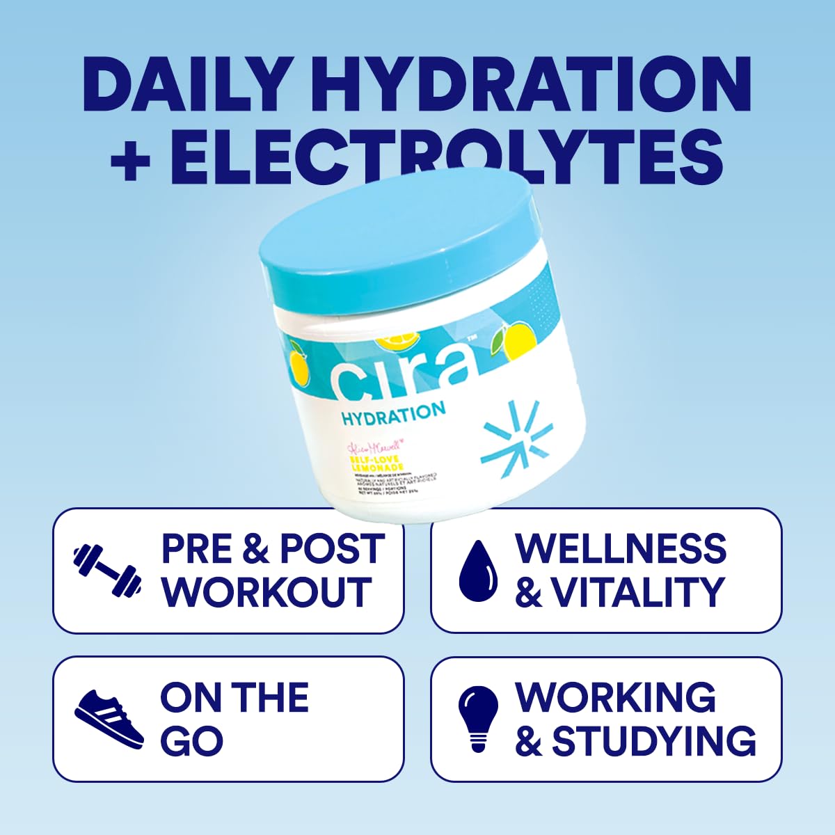 Cira Hydration powder dissolving in water delivers quick, refreshing electrolyte support without sugar.