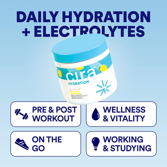 Cira Hydration powder dissolving in water delivers quick, refreshing electrolyte support without sugar.