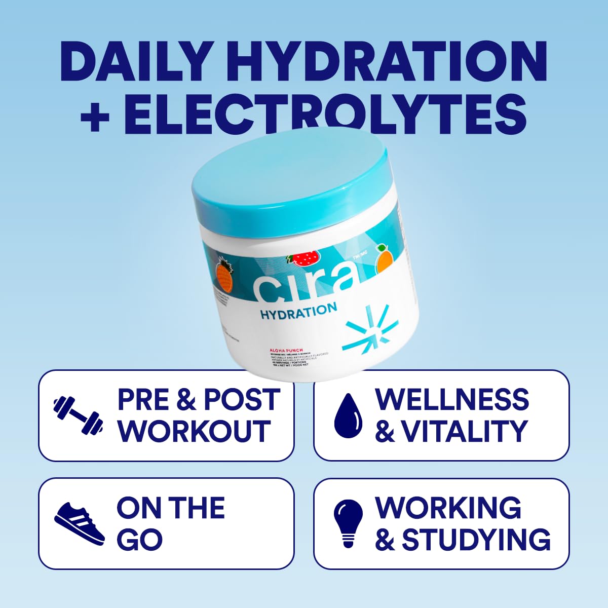 Cira Hydration Powder Fruit Punch scoop beside a glass of water ready to mix.