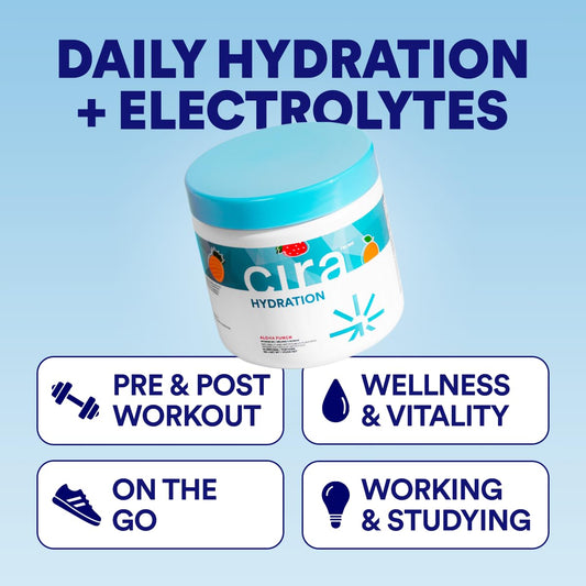 Cira Hydration Powder Fruit Punch scoop beside a glass of water ready to mix.