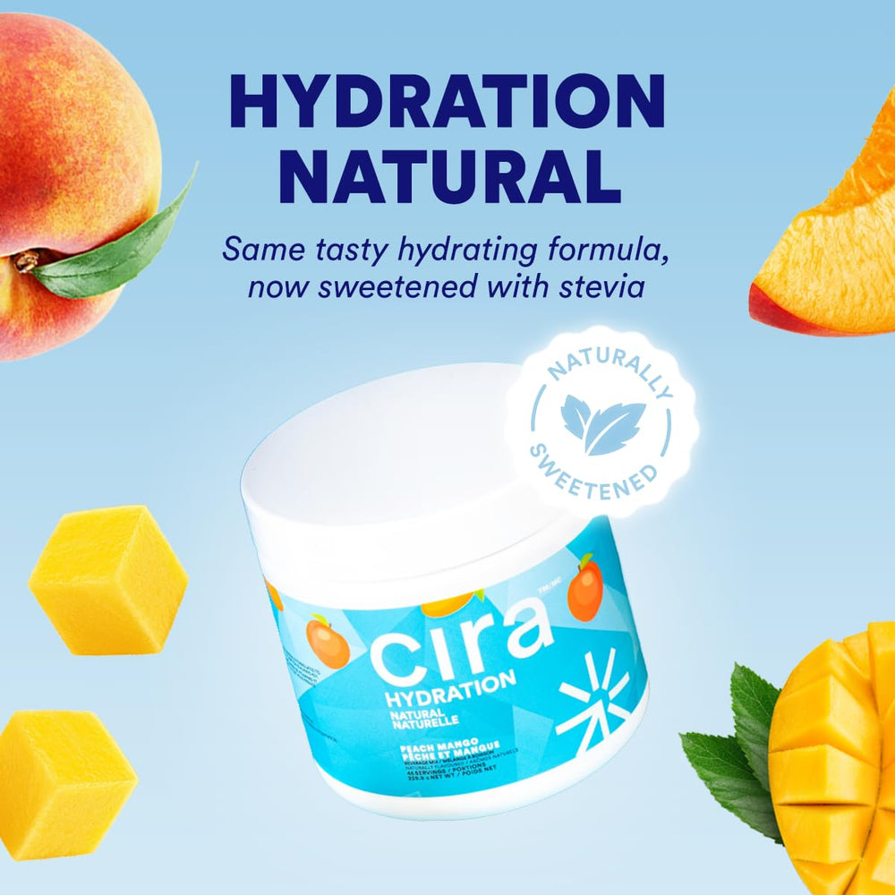 Close-up of Cira Hydration Peach Mango powder with stevia and minerals.