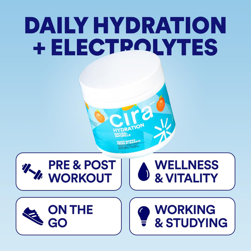 Cira Hydration Peach Mango in a glass of water, highlighting natural flavor.
