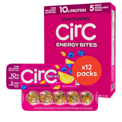 CirC Energy Bites lemon blueberry pack designed for on-the-go snacking.