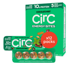 CirC Energy Bites mint chocolate chip packaging highlights gluten-free, clean-ingredient snack options.