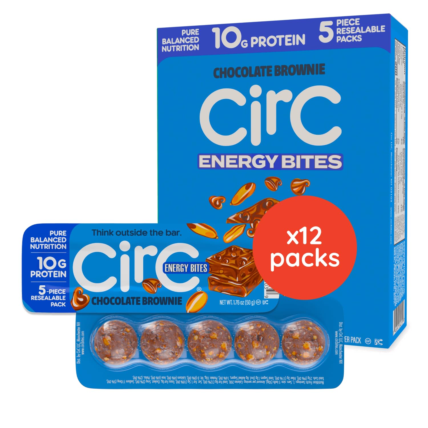 CirC Energy Bites tray packaging with 5-bite portions and recyclable design.
