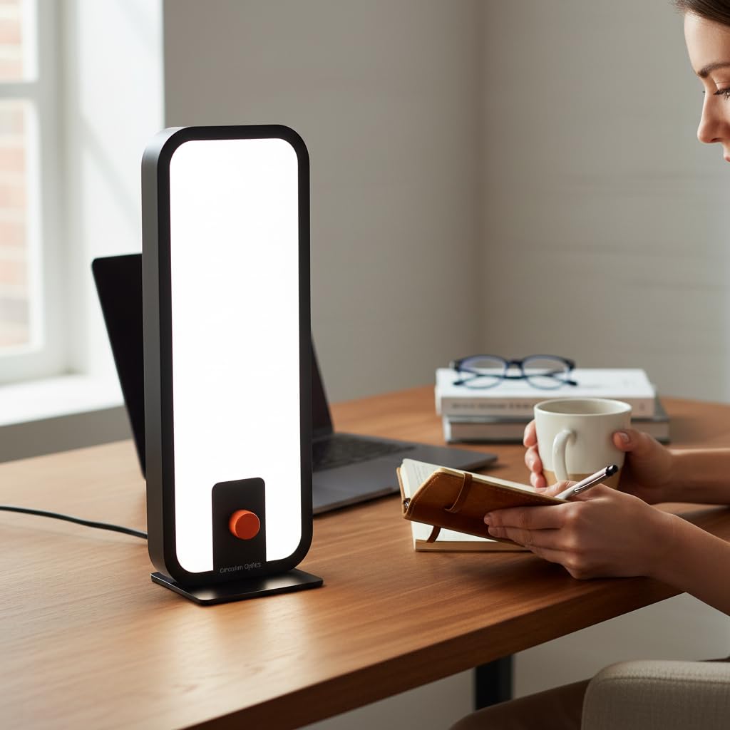 Circadian Optics Langham desk lamp front view with large panel
