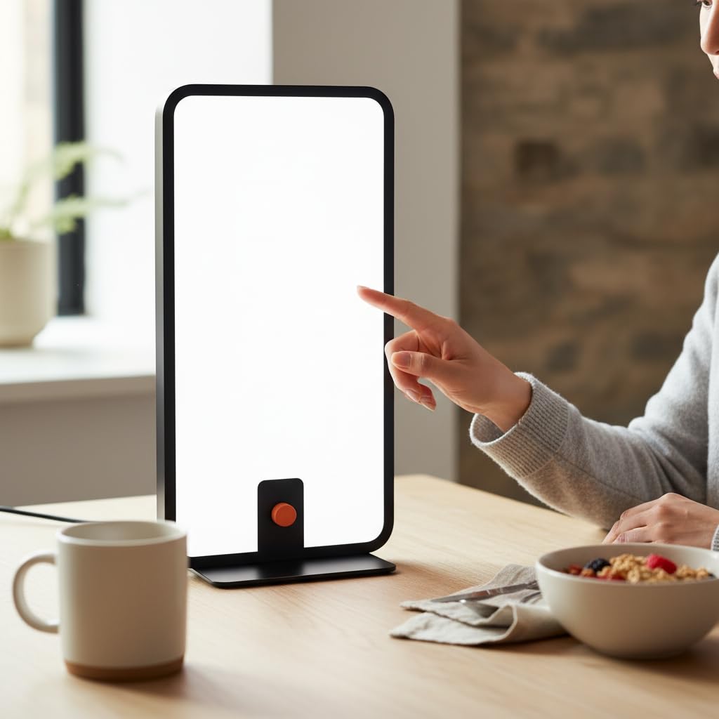 Circadian Optics Langham lamp in use for daytime energy at a desk