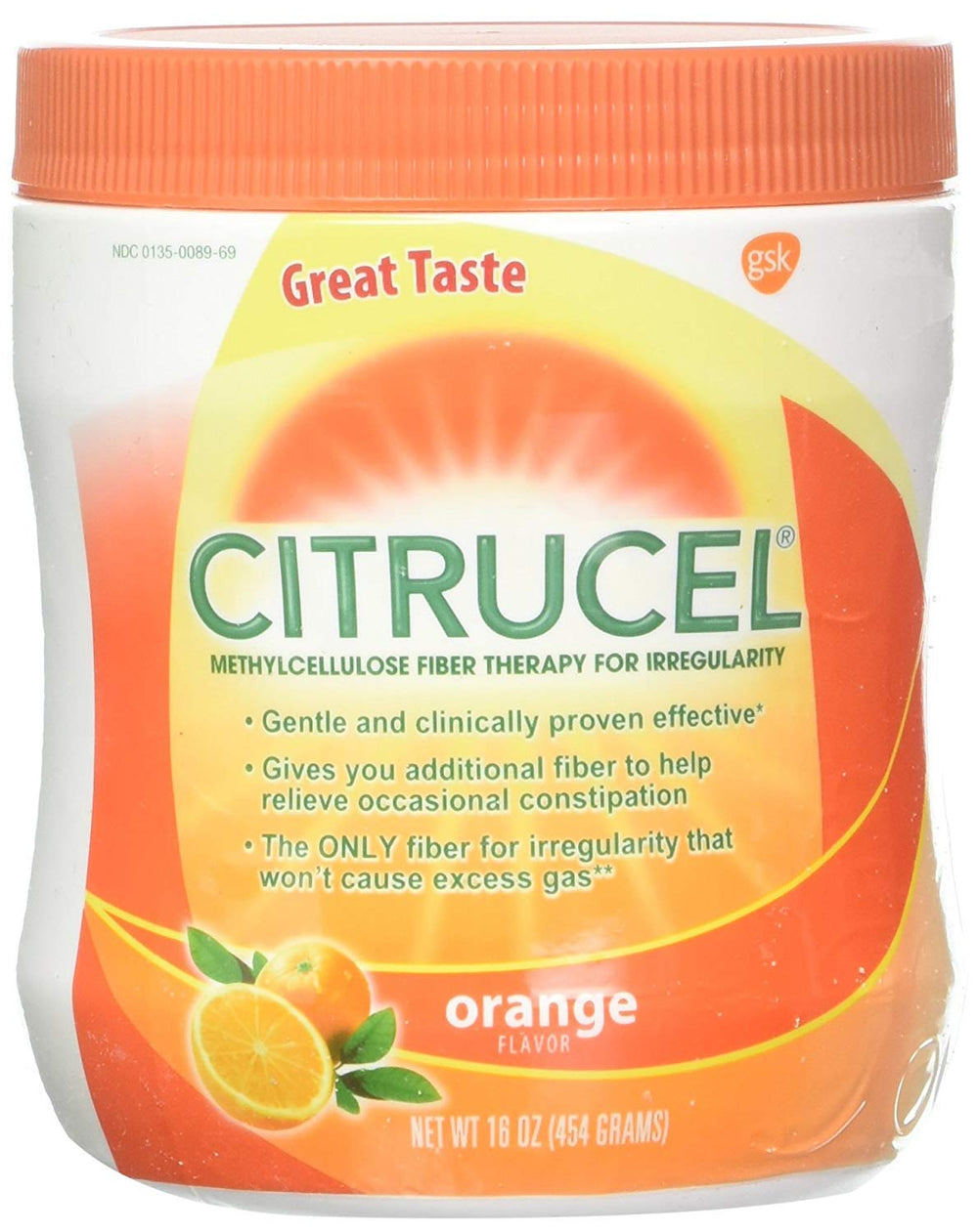 Citrucel orange flavored fiber powder container for occasional constipation relief
