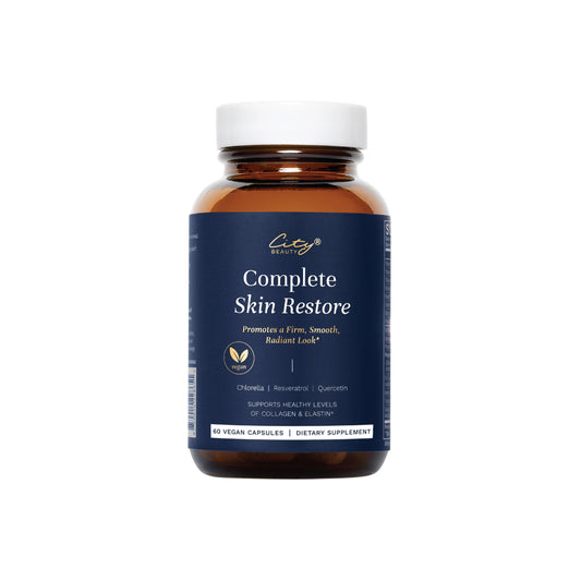 City Beauty Complete Skin Restore bottle front view promoting smoother skin from within